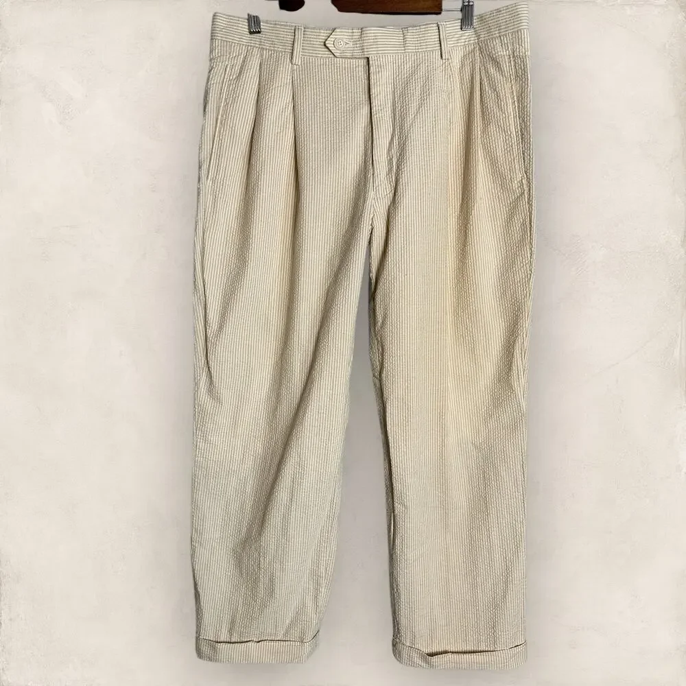 Jos A Bank Seersucker Trouser Pants Tan White Preppy Cuffed Pleated 34x28